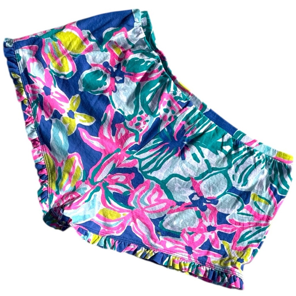 Lilly Pulitzer Girls Large 8-10 Ruffle Shorts Tropical Floral Cotton Summer - Picture 2 of 3
